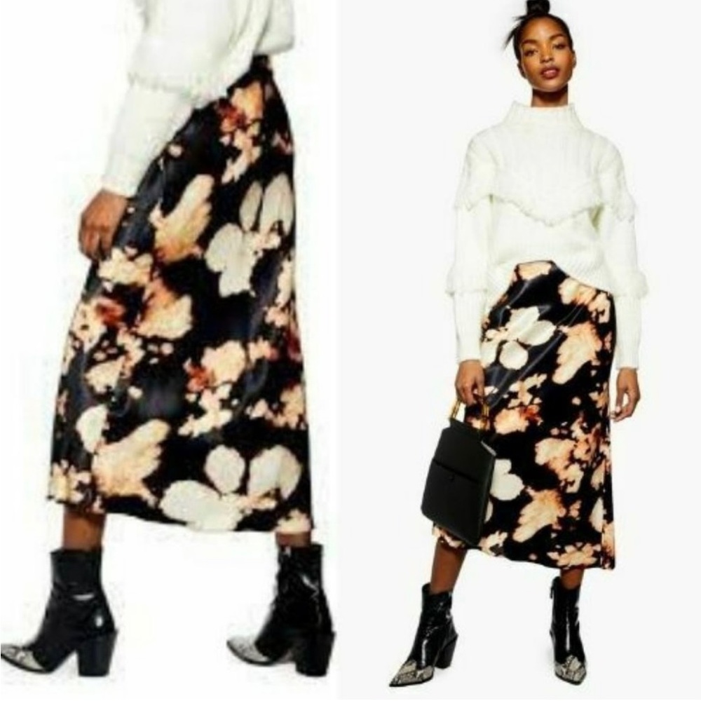 TOPSHOP Satin Black Cream Midi Skirt 8 MEDIUM Stretch Boho Shiny Tie Dye Lined